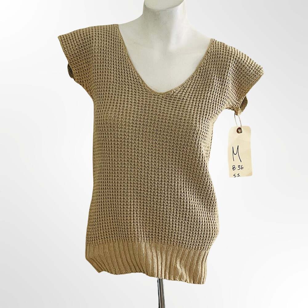 Linen-Blend Ribbed V-Neck Short Dolman Sleeve Sweater Beige Medium